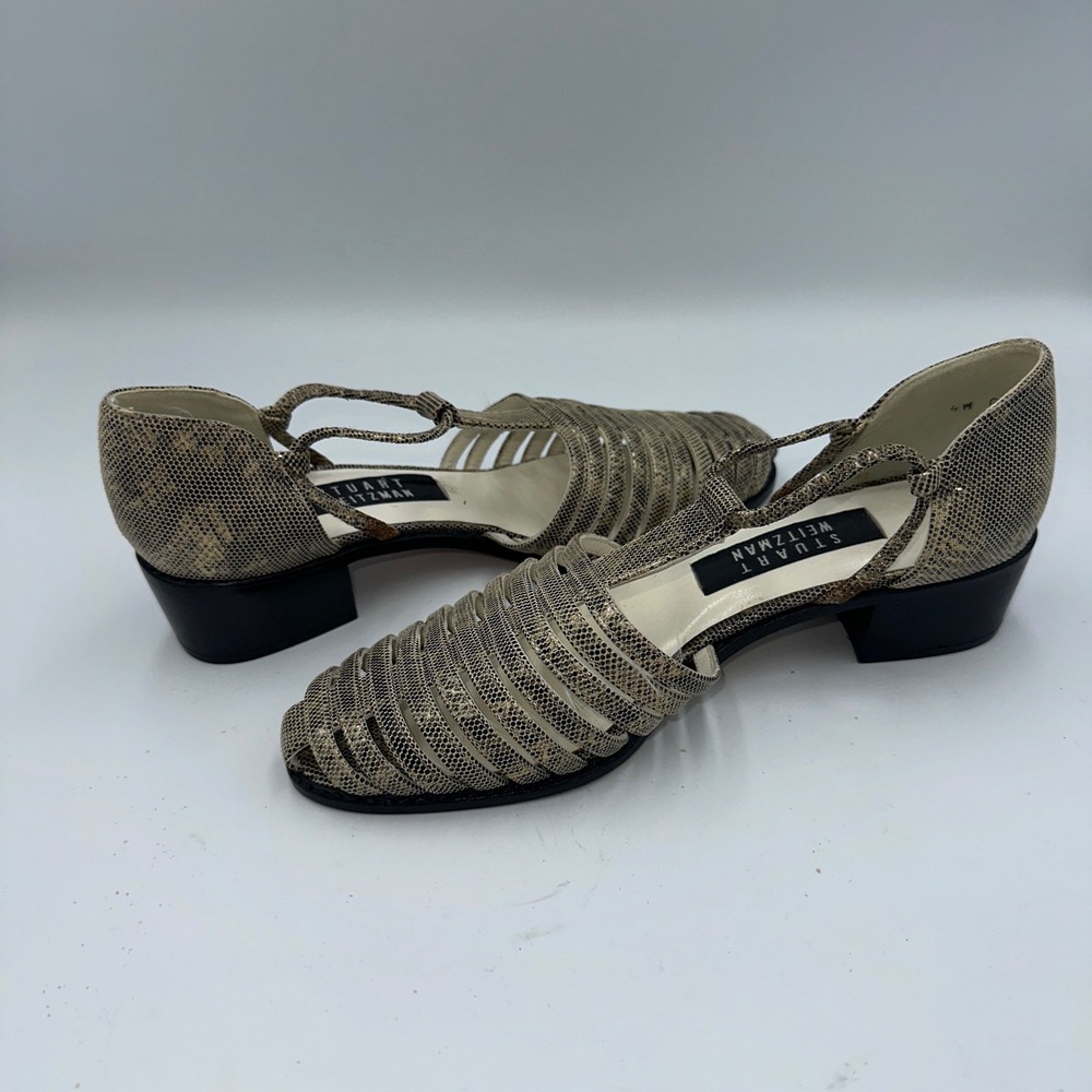 Stuart Weitzman Gold Snakeskin Embossed Leather T-Strap Cage Sandals 7.5